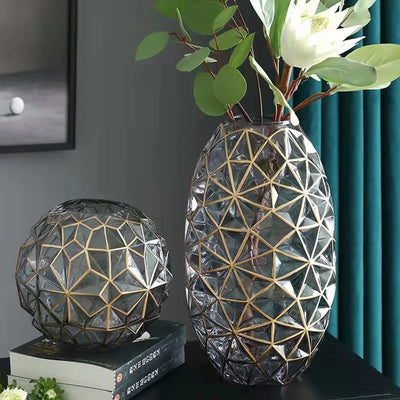 Smoke Grey Gold Geometric Glass Vase